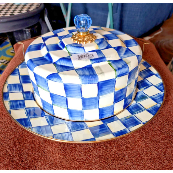 MacKenzie Childs Blue Royal Check Enamel Cake Carrier Retired Collectible - Picture 4 of 8